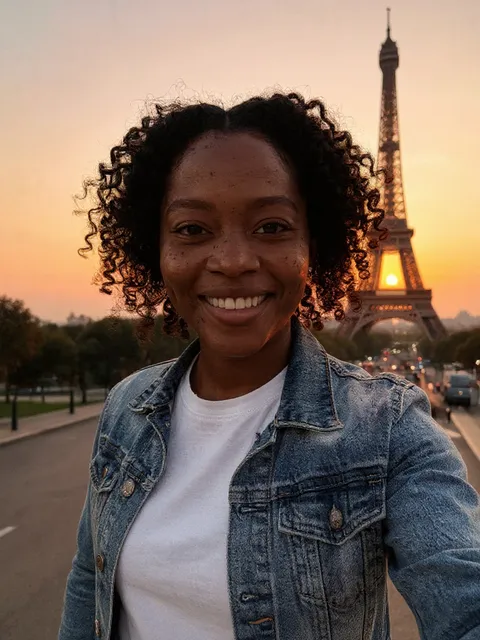 The same selfie in Paris at sunset, the Eiffel Tower lit up in the background.