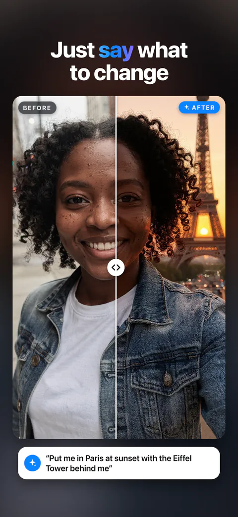 Just say what to change: a street selfie moved to Paris at sunset, Eiffel Tower behind her.